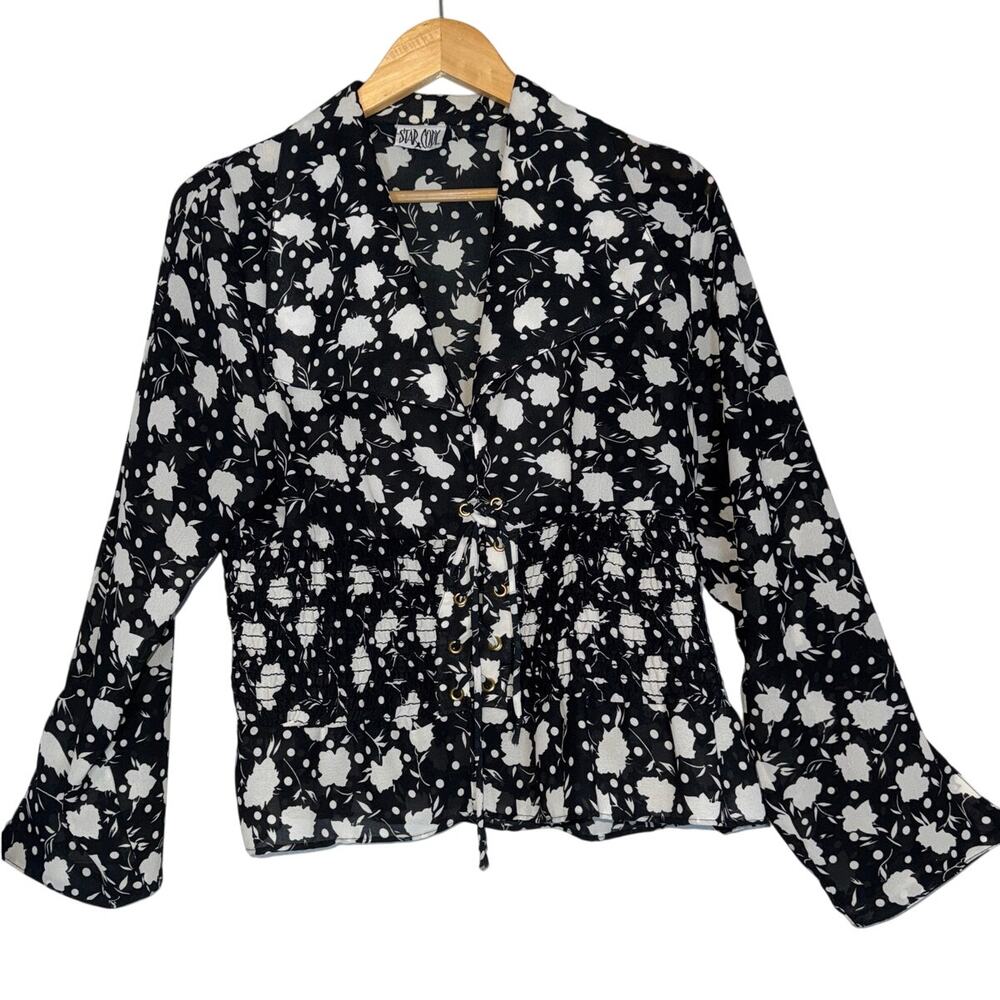 Y2K Vintage Black White Sheer Floral Corset Top Bell Long Sleeves Womens Medium
